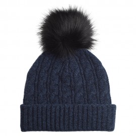 Blåmelerad kashmir mössa med pälsboll