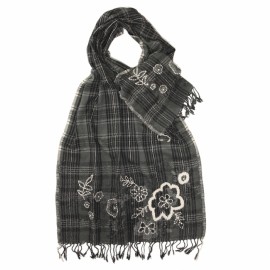 Grå ullhalsduk med blommig broderi