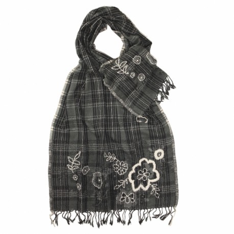 Grå ullhalsduk med blommig broderi