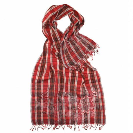 Röd ullhalsduk med blommigt broderi