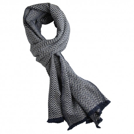 Scarf i navy/vit fiskbensmönster i kashmir och ull