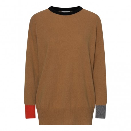 Kamelfärgad tröja med detaljer i svart, grå och orange