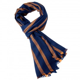 Marinblå kashmirscarf med gyllene ränder