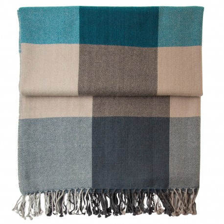 Handvävd rutig pläd i blå, beige och grå