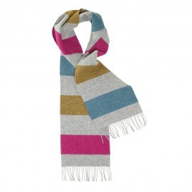 Grå scarf med ränder i gult/blått/violett